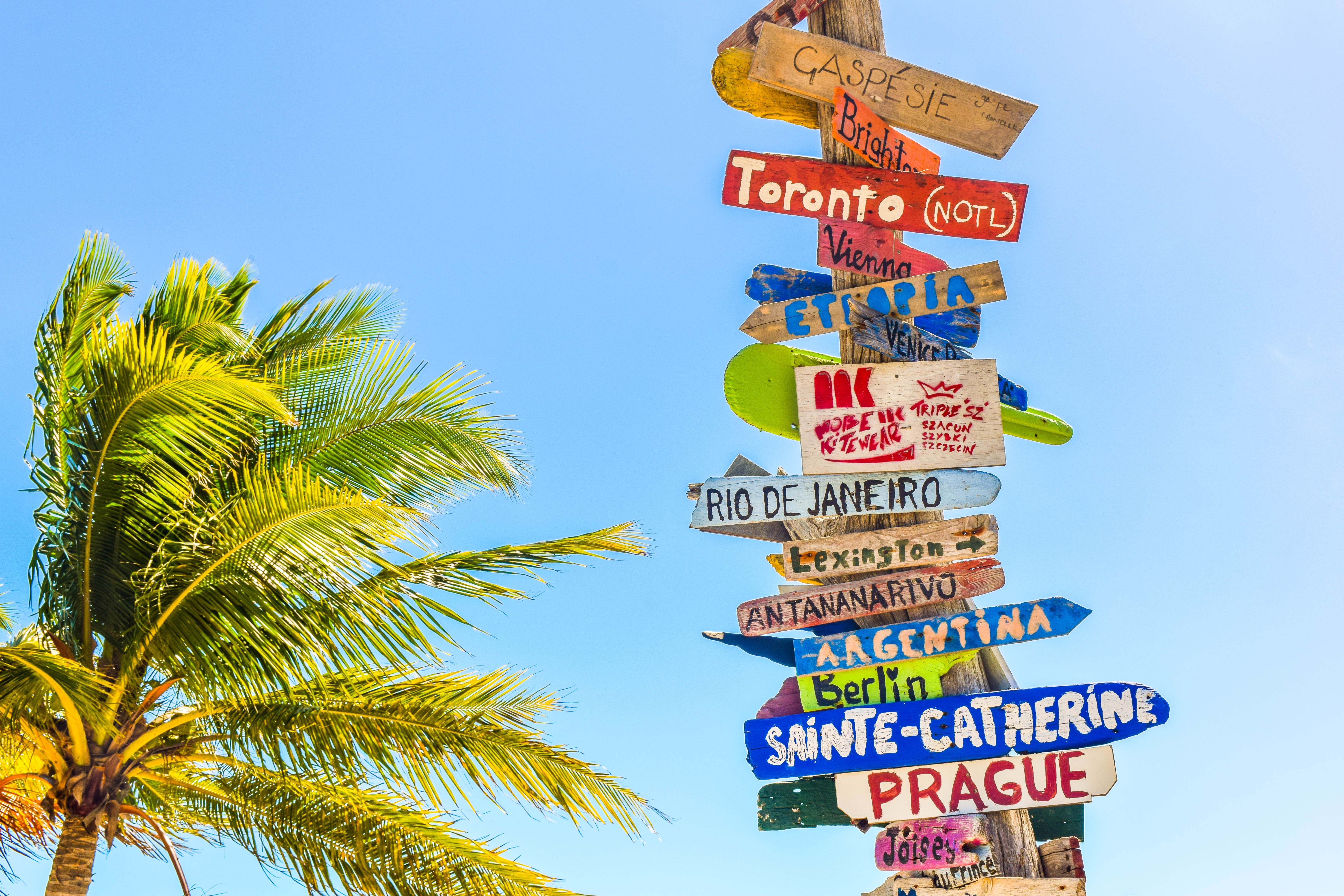 Pole with signs pointing to different cities